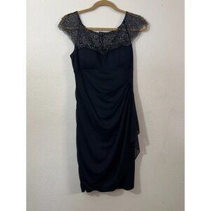 Cache Cocktail Dress Women's 6 Navy Lace Beaded Sleeves & Neckline Classy